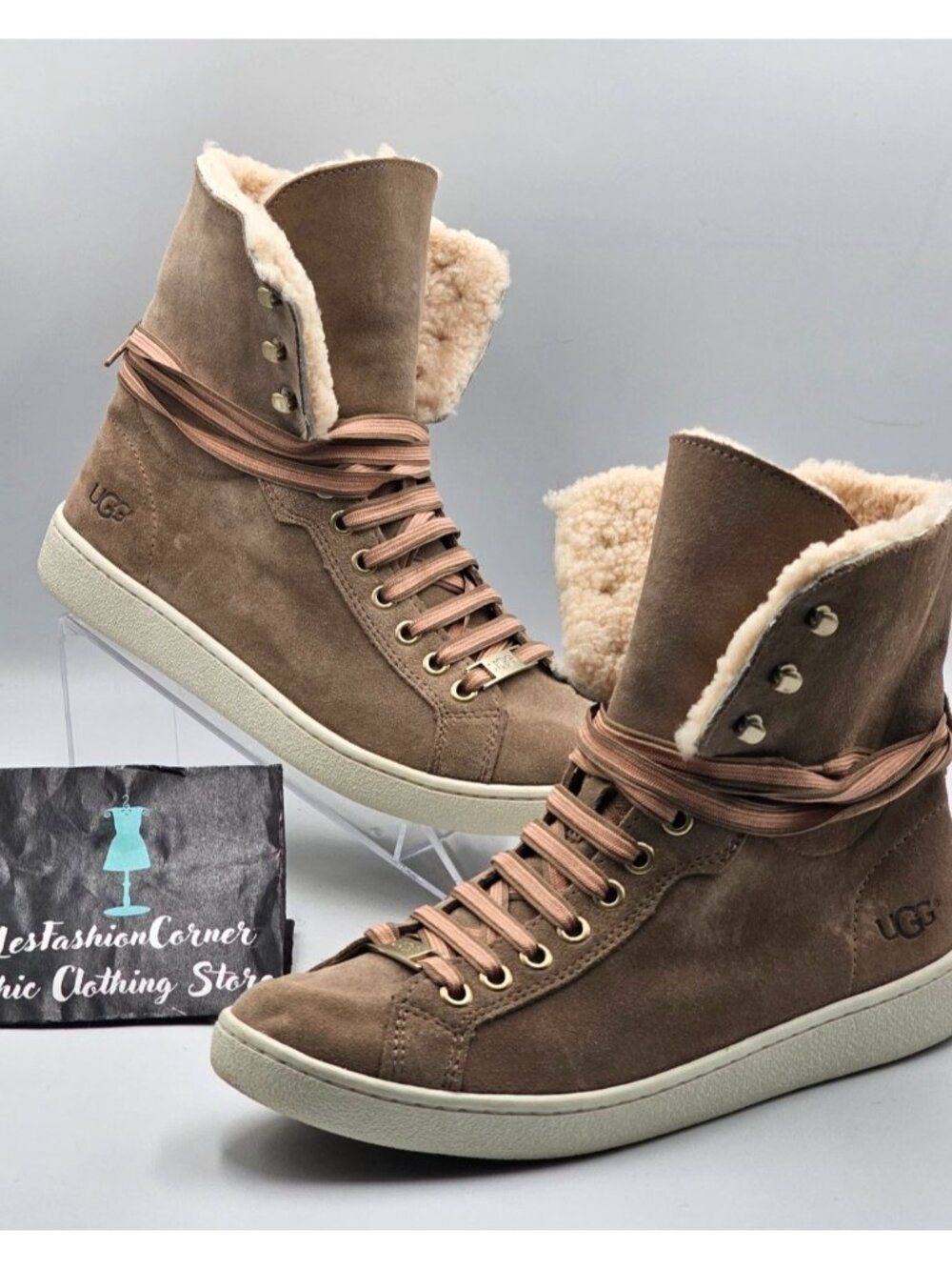 UGG Women's Beige Suede Starlyn Lace-Up Shearling High-Top Trainers Size7.5 3243 - Picture 11 of 16